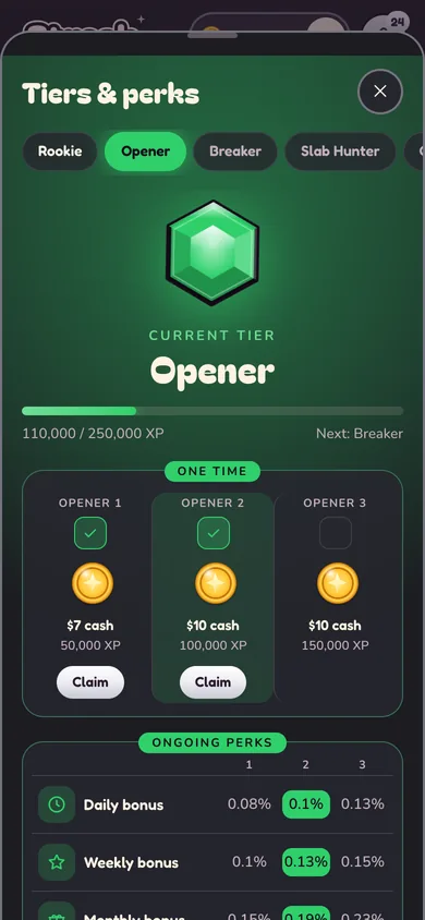 The Tiers and perks sheet on the Opener tier